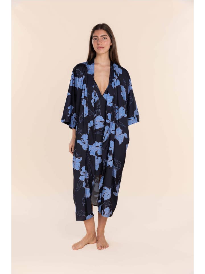Recycled Silky Satin Long Robe - Daisy Navy Floral Print for wholesale on Faire2