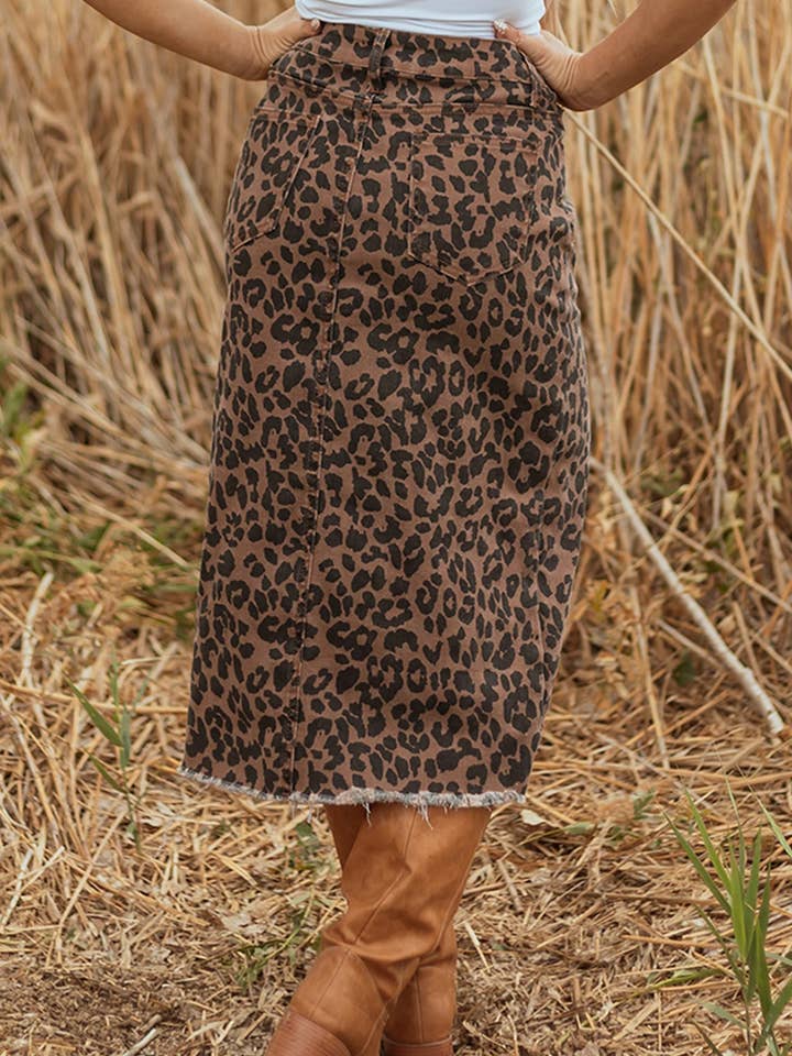FULL TIME PURCHASE - Wholesale Skirt - Women's - Leopard Denim Frayed Split Denim Midi Skirt1