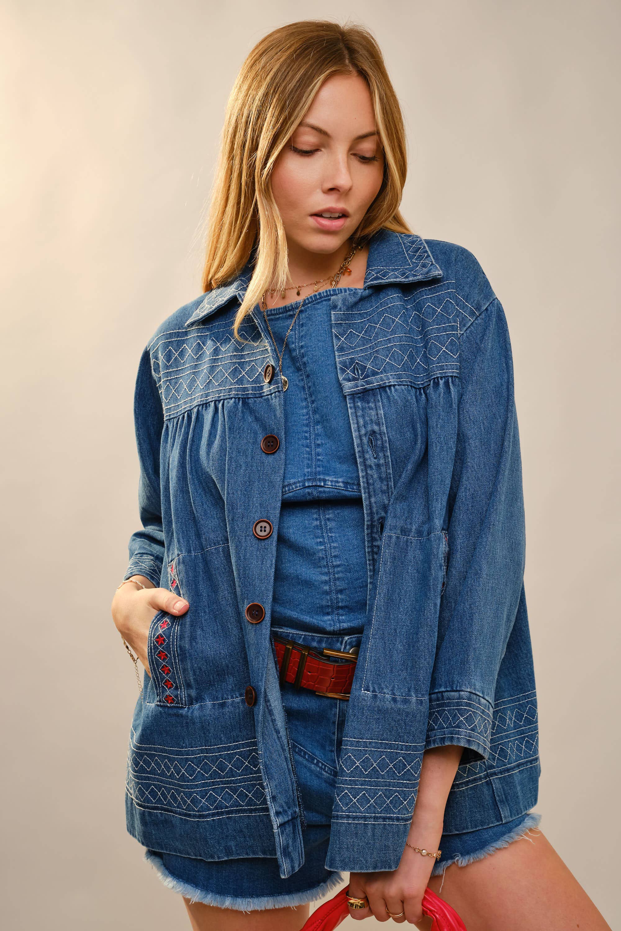 MED WASH 23652J Embroidery Detailed Over Sized Denim Jacket for wholesale on Faire1