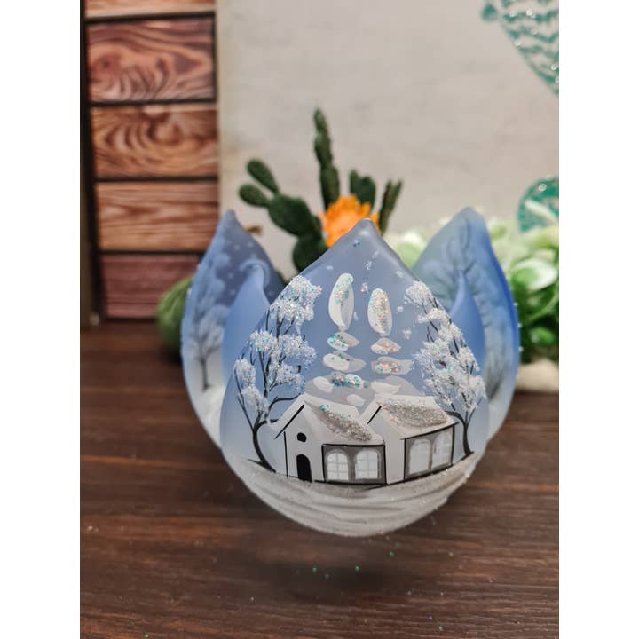 Glass by Iness - Wholesale Candle Holder - White Church In Winter Wonderland Collection - Candle Holder38