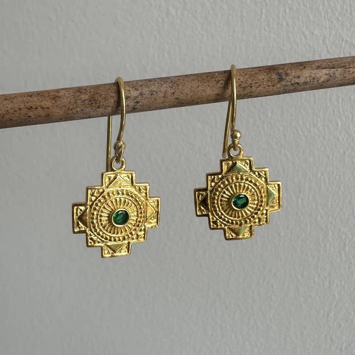Spiritual Cross Earrings | Green Zirocon| Gold Jewelry for wholesale by Anokhi Green | Handmade Gemstone Jewelry