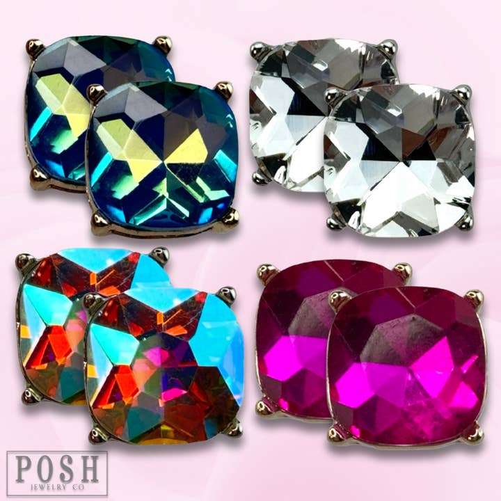 Large square rhinestone post earring for wholesale by Pink Panache Brands