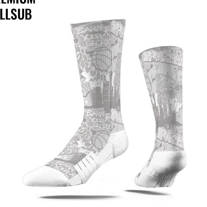 White Graffiti Basketball Crew Socks for wholesale by Hoop 'Til It Hurts!
