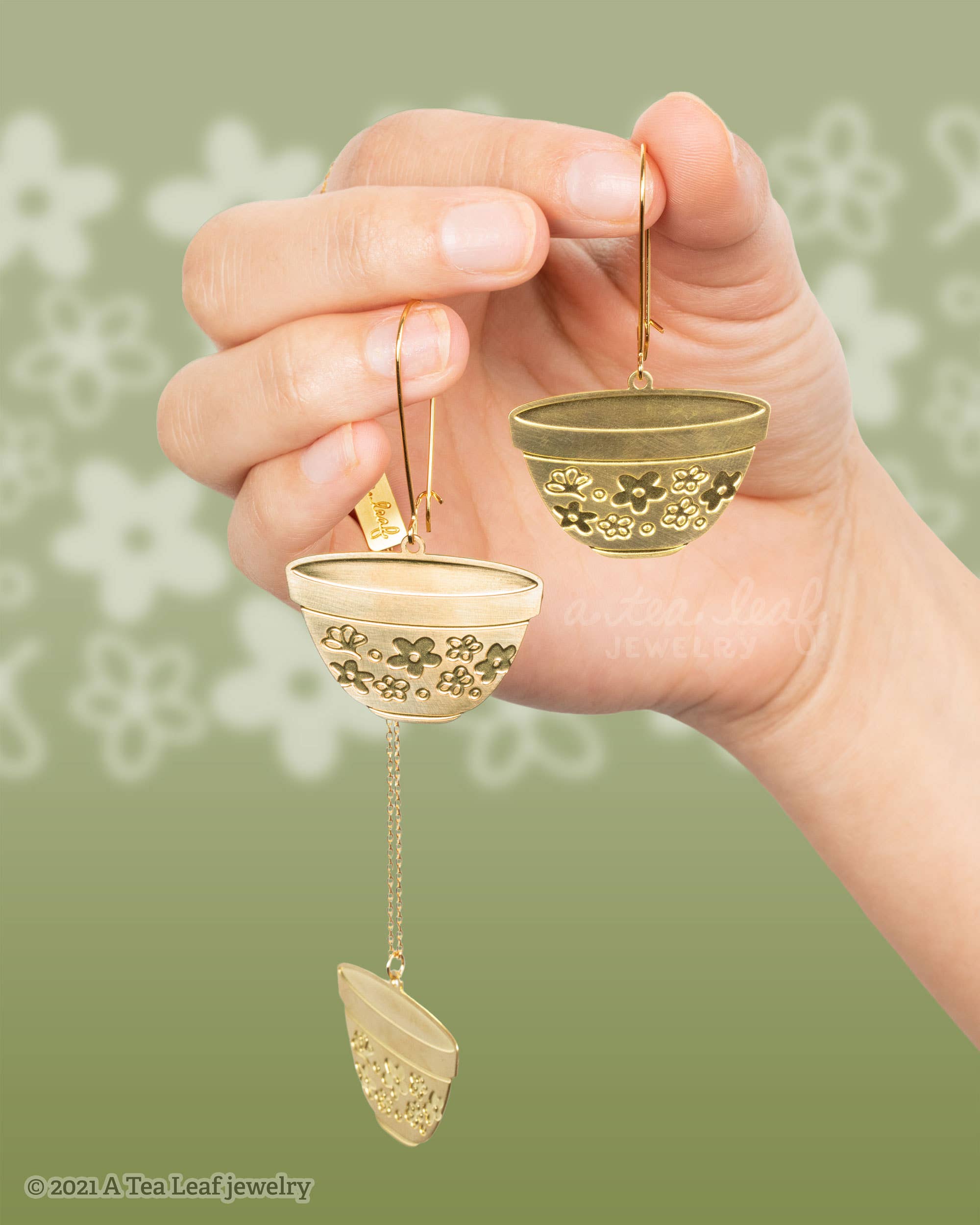A Tea Leaf Jewelry - Wholesale Hangende/ronde oorbellen - Retro pyrex bowl oorbellen | Spring Blossom groen patroon2