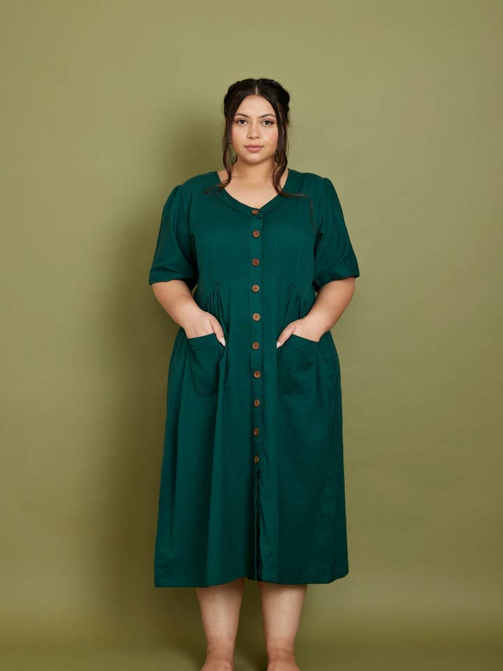 Cotton Flax Dress in Emerald Green for wholesale by Pana Mina
