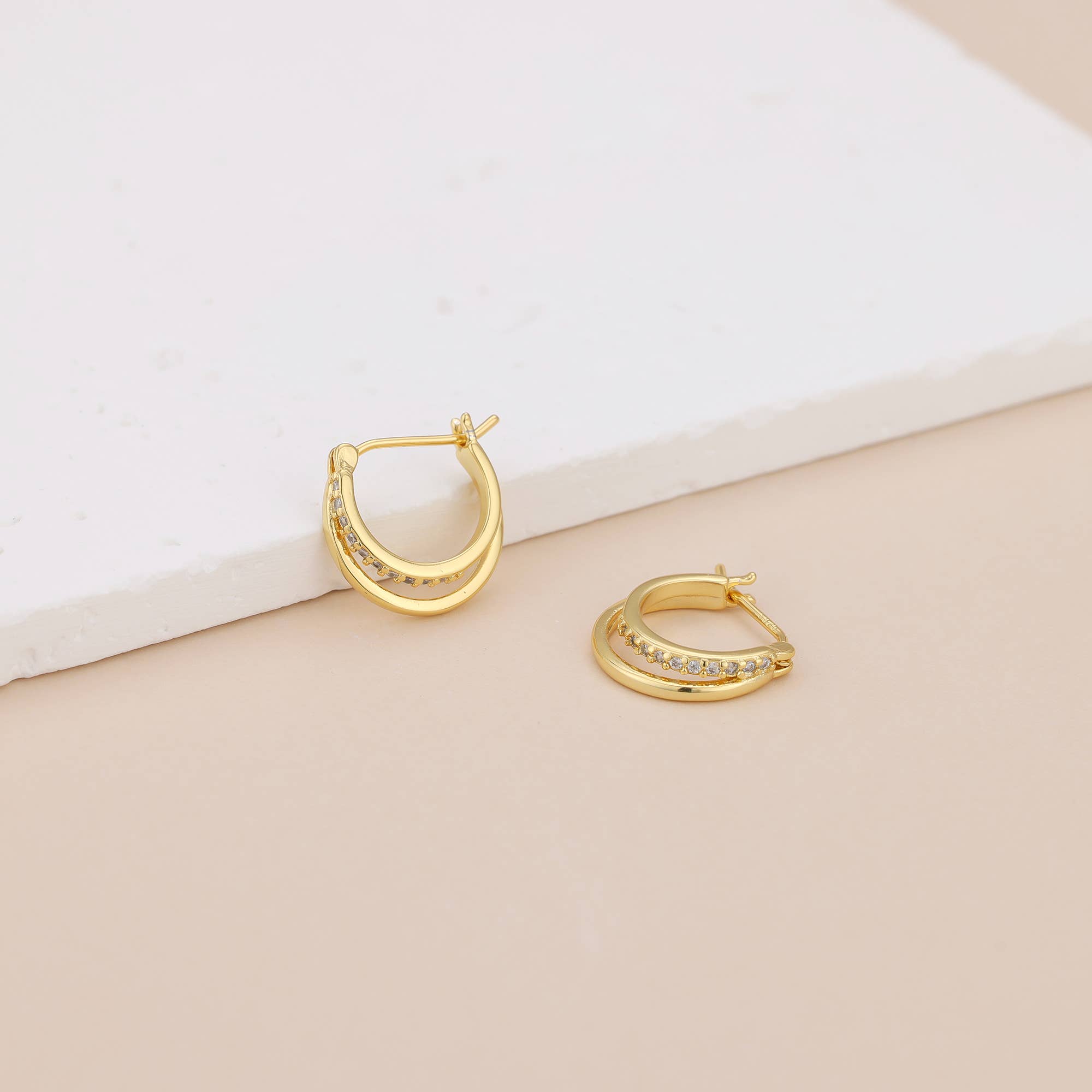 Melange Blanc - Wholesale Hoop Earrings - E072 Double huggie hoop earrings, paved huggie earrings4