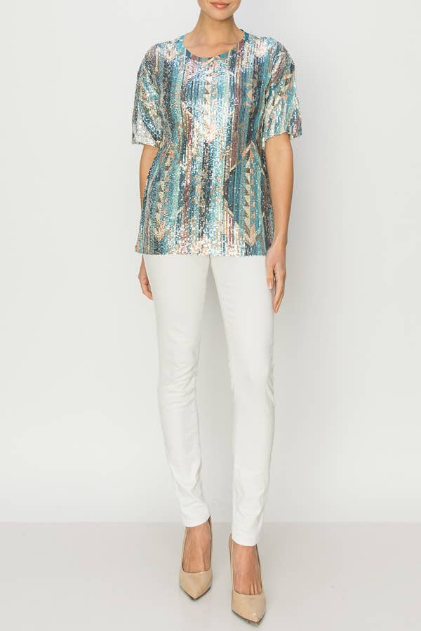 Origami Apparel ~  Lace and Crochet inspired - Wholesale Blouse - Women's - LINED ALL SEQUIN SHORT SLEEVE TOP-4638 SILVER TURQ GEO3