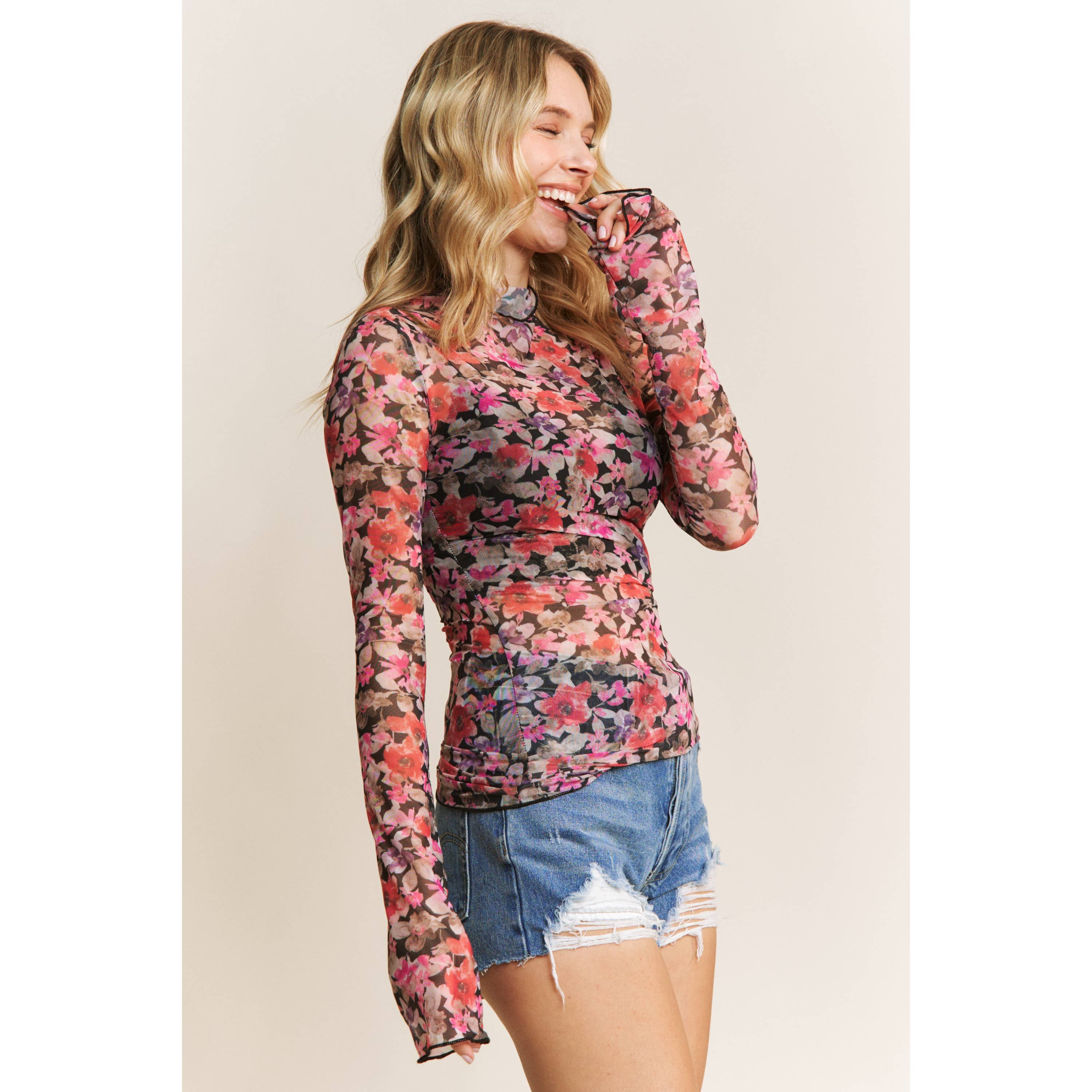 Sweet Generis - Wholesale Knit Top - Women's - CUTE FLORAL PRINT MESH HIGH NECK DESIGN LONG SLEEVE FITTED T18