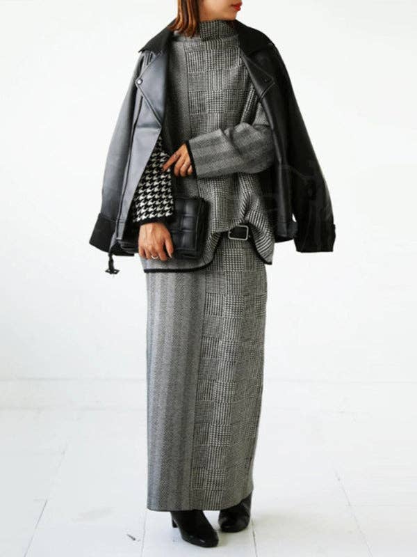 GRIJS Lange Mouwen Losse Houndstooth Ruit Hoge Hals Truien Tops voor groothandel op Faire4