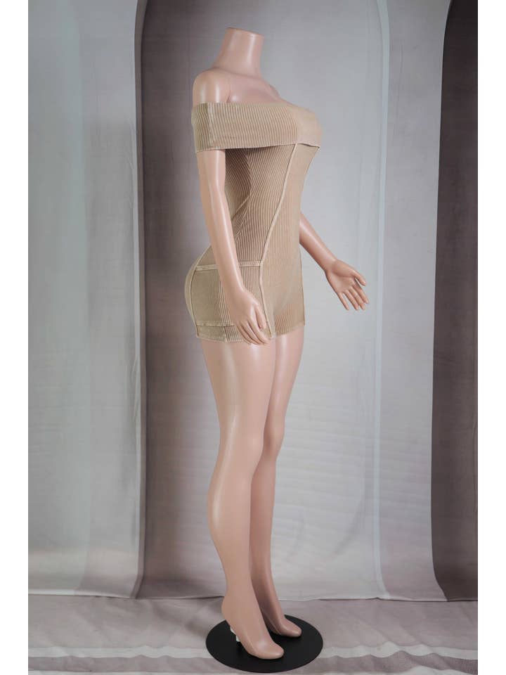 Lt Brown MINERAL WASH OFF SHOULDER CARGO CONTOUR ROMPER for wholesale on Faire