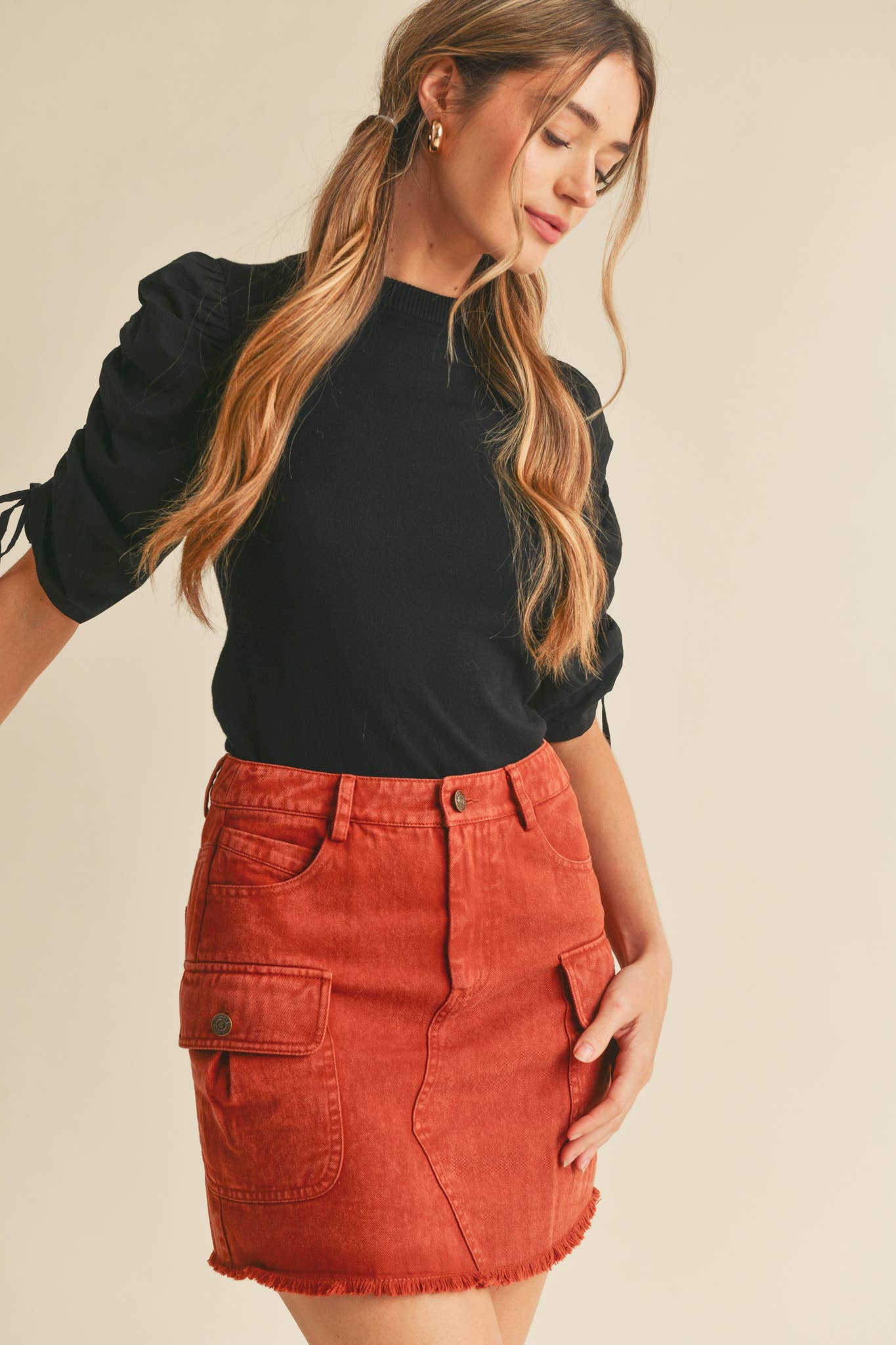 &MERCI - Wholesale Knit Top - Women's - RUCHED SLEEVE MIXED MEDIA TOP MSW246412