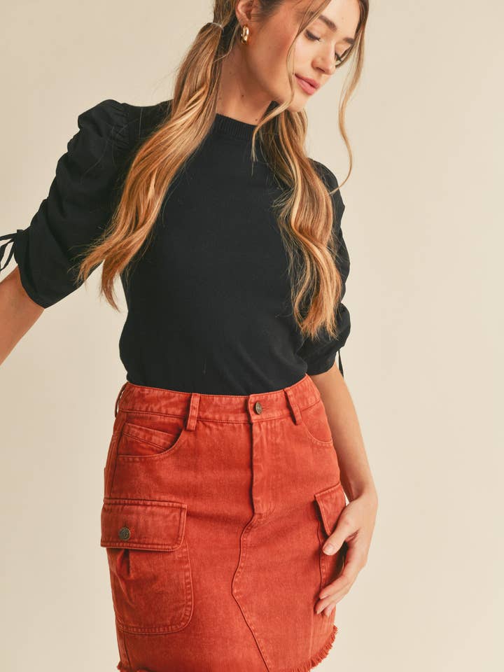 &MERCI - Wholesale Knit Top - Women's - RUCHED SLEEVE MIXED MEDIA TOP MSW246412