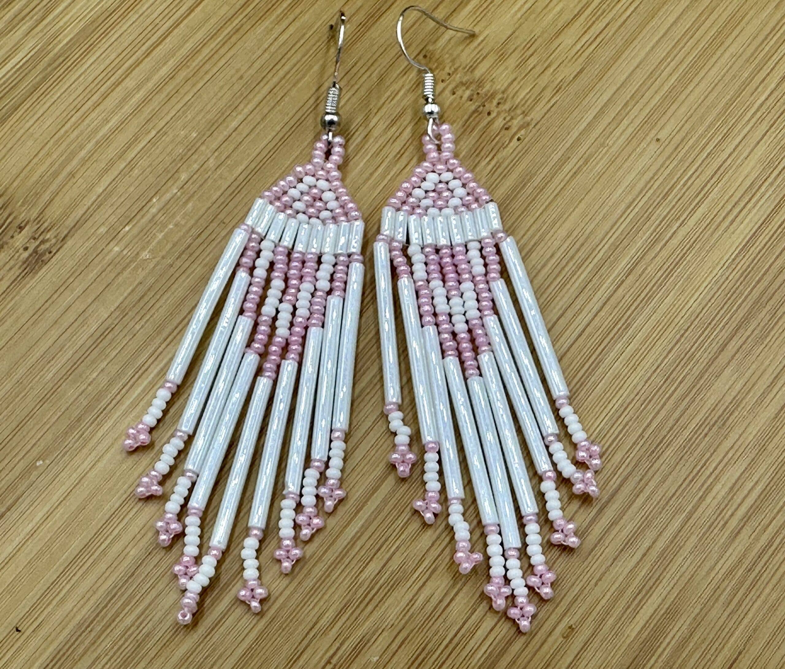 BEADS CORNER – wholesale Dangle earrings – Handmade White Pink Beaded Hook Earrings with Czech Seed Beads, Lightweight Design3