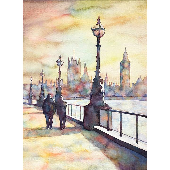 Big Ben et les chambres du Parlement dans la ville de Londres, Royaume-Uni - aquarelle d'art. Art mural Big Ben, Londres (impression) pour la vente par Ryan Fox Fine Art