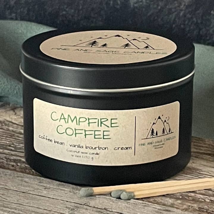 Pine and Sage Candles - Wholesale Travel Candles - Campfire Coffee-6 oz. Black Matte Candle Tin1
