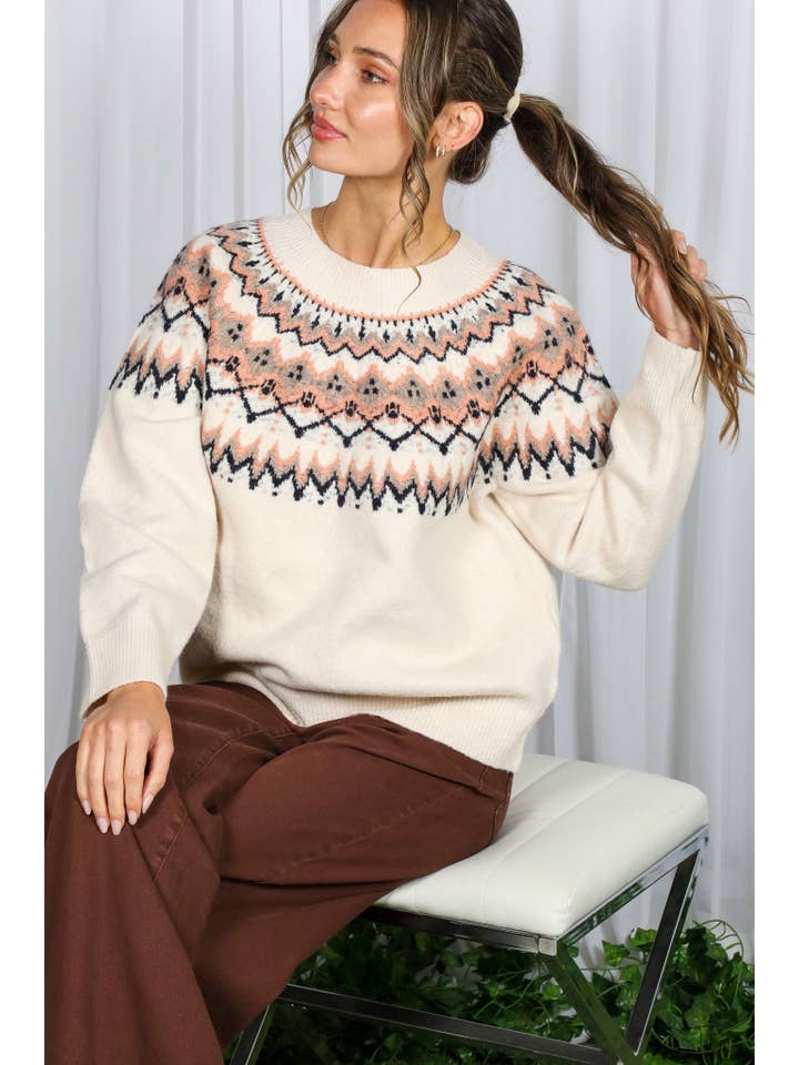 Cream Multi Fair Isle Embellished Pullover Knitted Sweater VT82602 for wholesale on Faire8