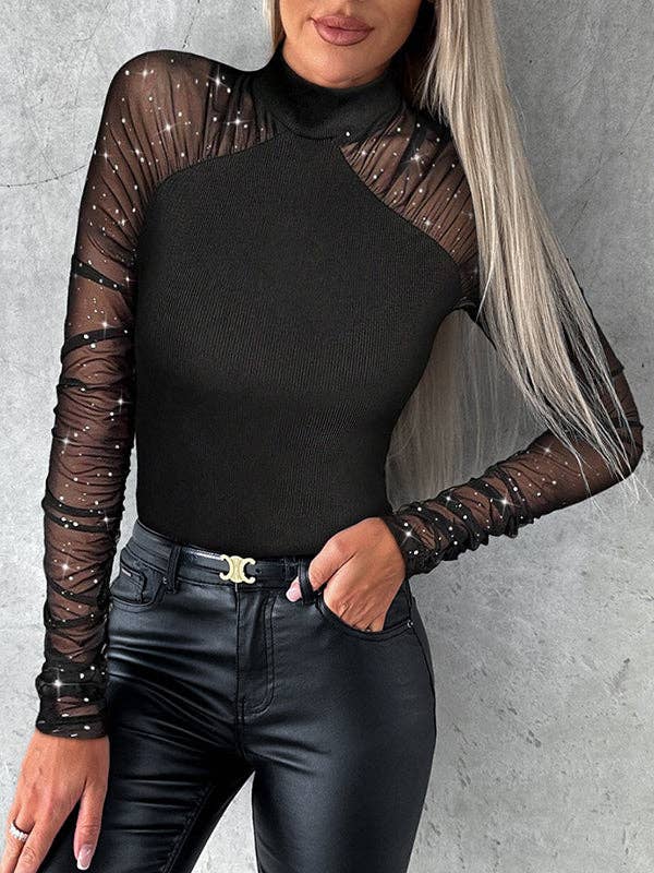 BLACK Long Sleeves Skinny Chains V-Neck T-Shirts Tops for wholesale on Faire7
