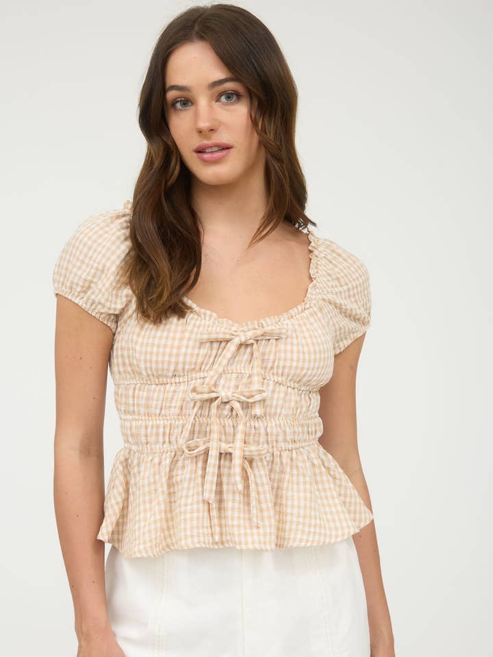 Blu Pepper - Wholesale Blouse - Women's - GINGHAM BOW DETAIL SHIRRED WAIST SHORT SLEEVE TOP