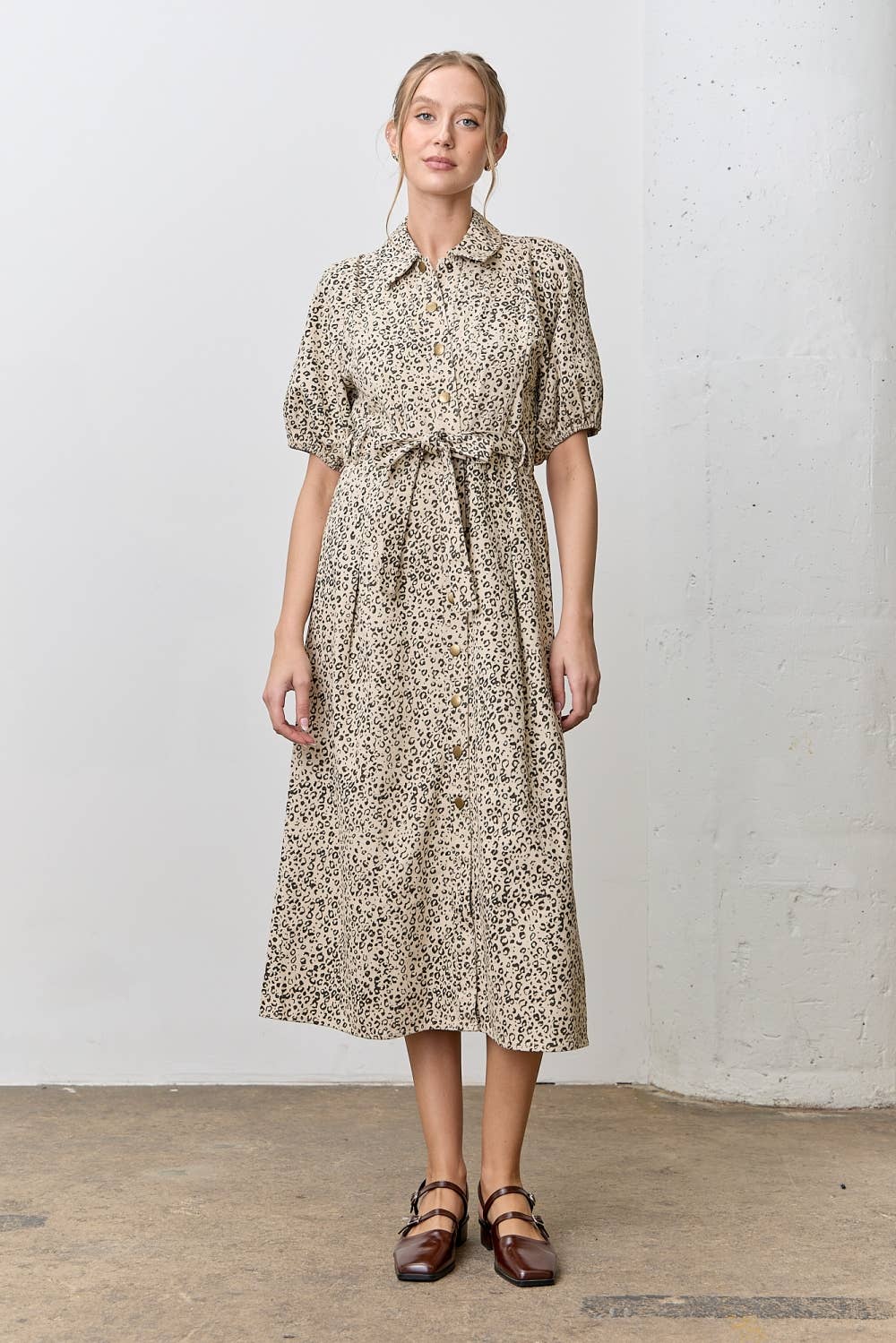 NATURAL BLACK LEOPARD PRINT MIDI DRESS for wholesale on Faire2