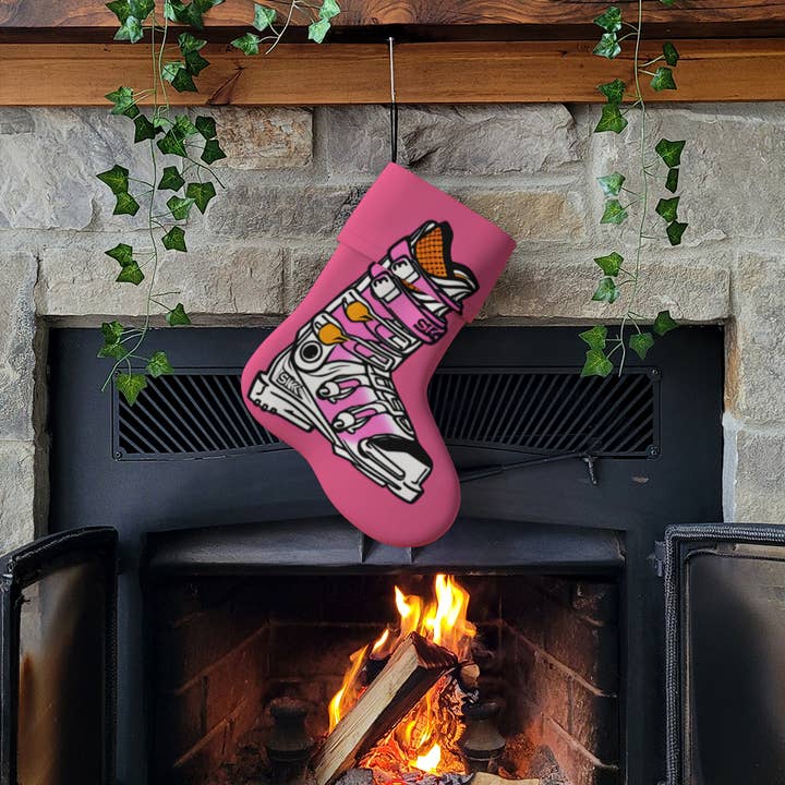 Stockings in festive Pink Ski boot made from plush velveteen for wholesale by Sofs Designs