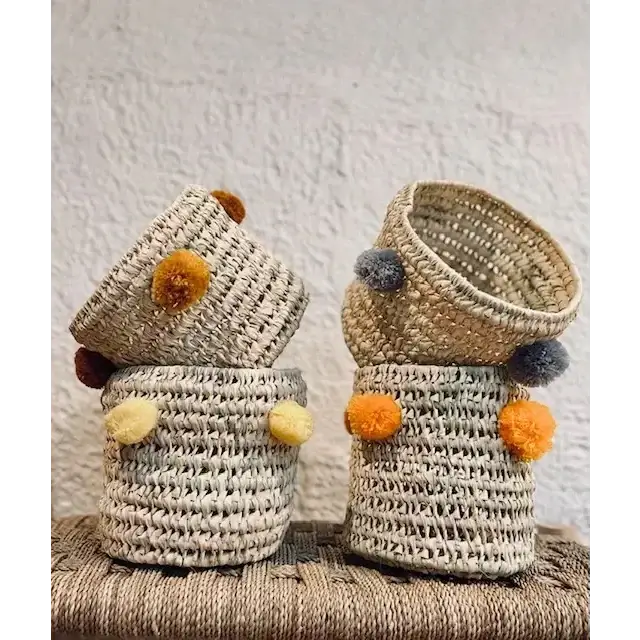 High crafty – wholesale Basket – 🧺 Handwoven Palm Leaf Basket with Colorful Wool Pom Poms7