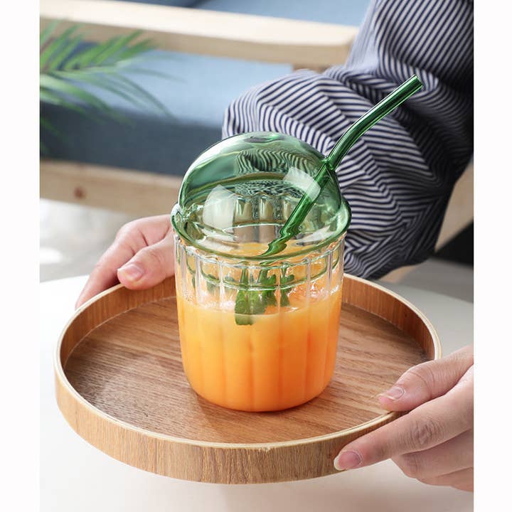 Our Dining Table - Wholesale Drinking Glass/Cup - Domed Colorful Glass Coffee Cup with Lid and straw