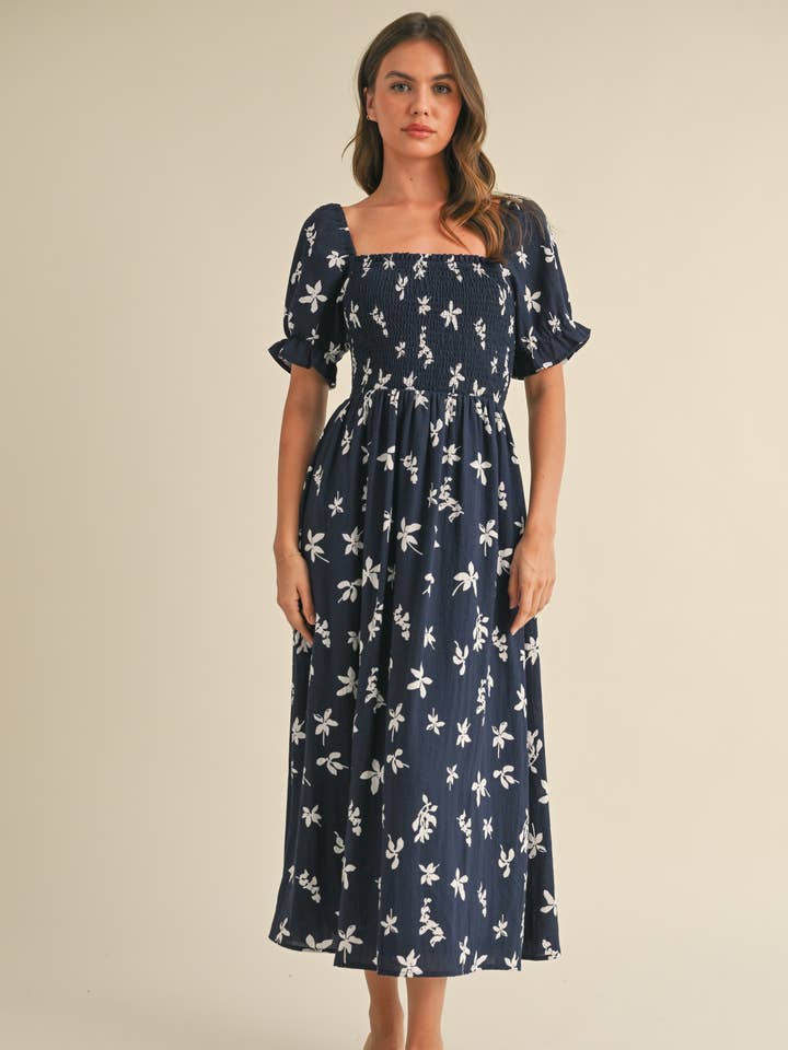 ID8847-A FLORAL MIDI PUFF SLEEVES DRESS for wholesale by Klesis