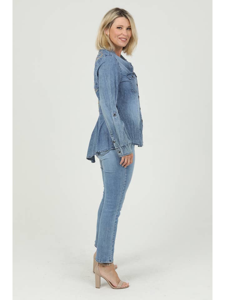 Nostalgia - Wholesale Button Down Shirt - Women's - N2N75-EMB DENIM BUTTON UP SHIRT WITH EMBROIDERED BACK DETAIL