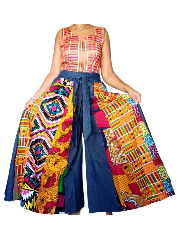 India Batik - Wholesale Pants - Women's - 702- Women Palazzo Pant - Denim/Multi Prints