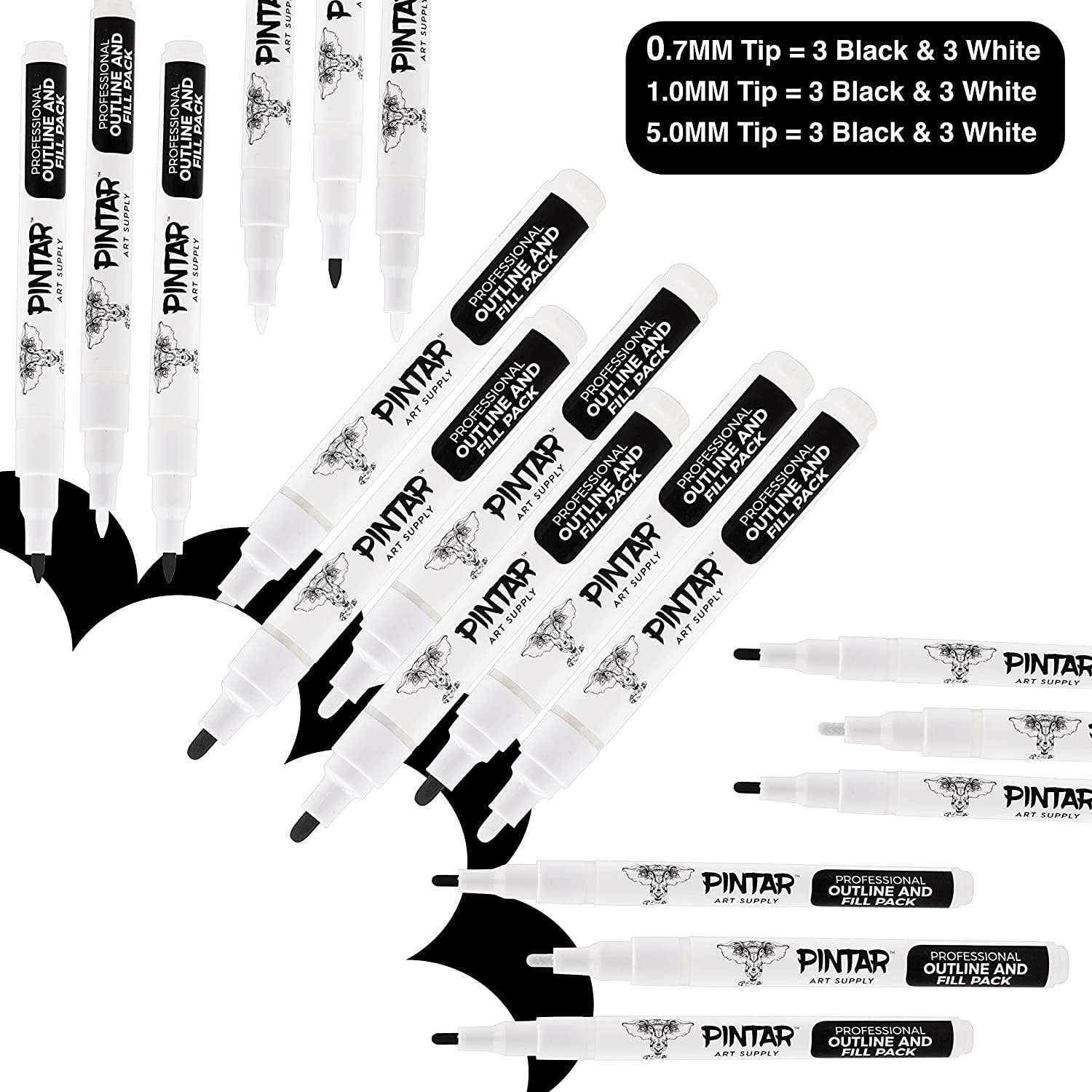 Pintar Art Supply - Wholesale Marker - PINTAR Art Supply Professional Outline & Fill Pack - Set of 18 Black/White Paint Markers (6) 0.7mm (6) 1mm (6) 5mm Tips - Smooth-Flowing Japanese Ink1