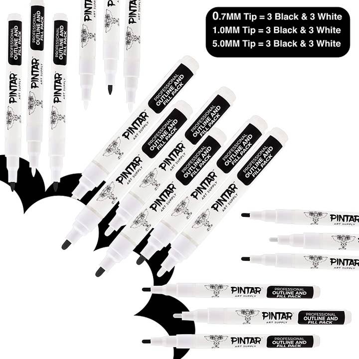 Pintar Art Supply - Wholesale Marker - PINTAR Art Supply Professional Outline & Fill Pack - Set of 18 Black/White Paint Markers (6) 0.7mm (6) 1mm (6) 5mm Tips - Smooth-Flowing Japanese Ink1