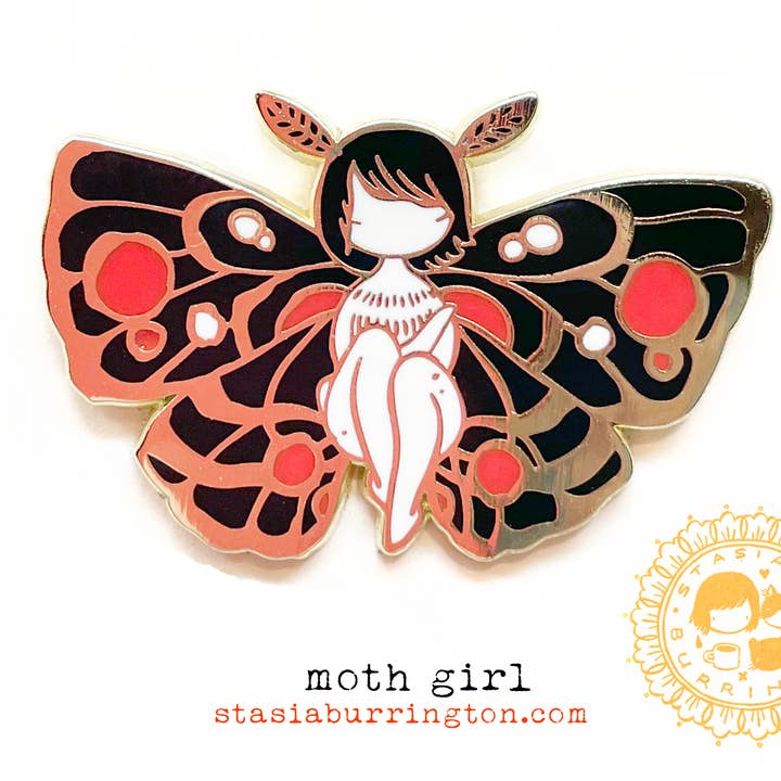 Stasia Burrington Illustration - Wholesale Brooch - Pin - Moth Girl - red