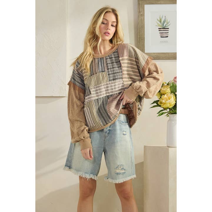 Oli&Hali - Wholesale Knit Top - Women's - WASHED PATCHWORK FABRIC MIXED LONG SLEEVE TOP9