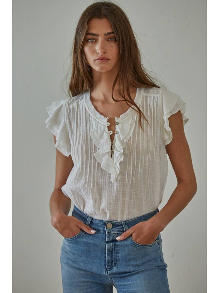 By Together - Wholesale Blouse - Women's - L6502 | Woven Cotton Linen Button V-Neck Short Sleeve Top