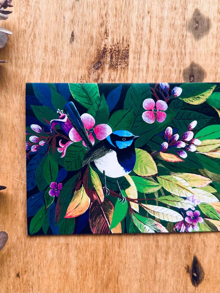 Blank Greeting Card - Blue Wren in the Cottage Garden for wholesale by PIGMENT MONICA REEVE