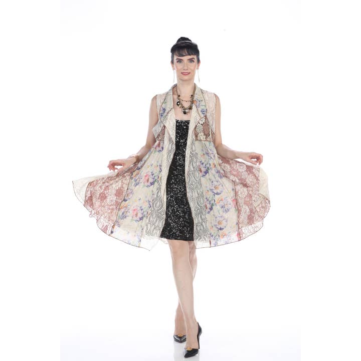 Sleeveless Floral Lace Patchwork Vest – Beige for wholesale by Aris A