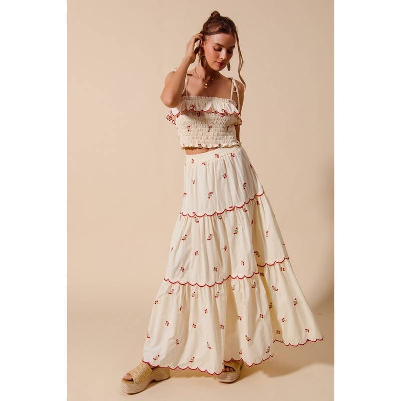 CREAM FLORAL EMBROIDERED SMOCKED TOP ELASTICIZED WAIST for wholesale on Faire3