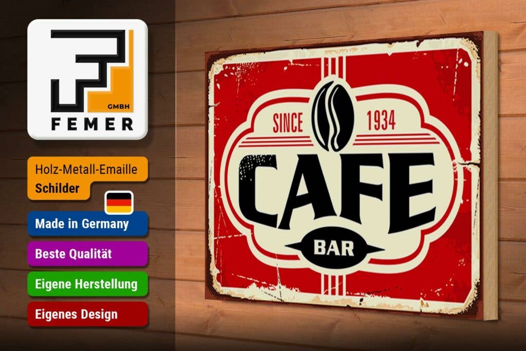 Femer – Großhandel Schilder – Holzschild Retro 30x20cm Cafe bar Kaffee since 1934 Holz Deko Schild wooden sign2