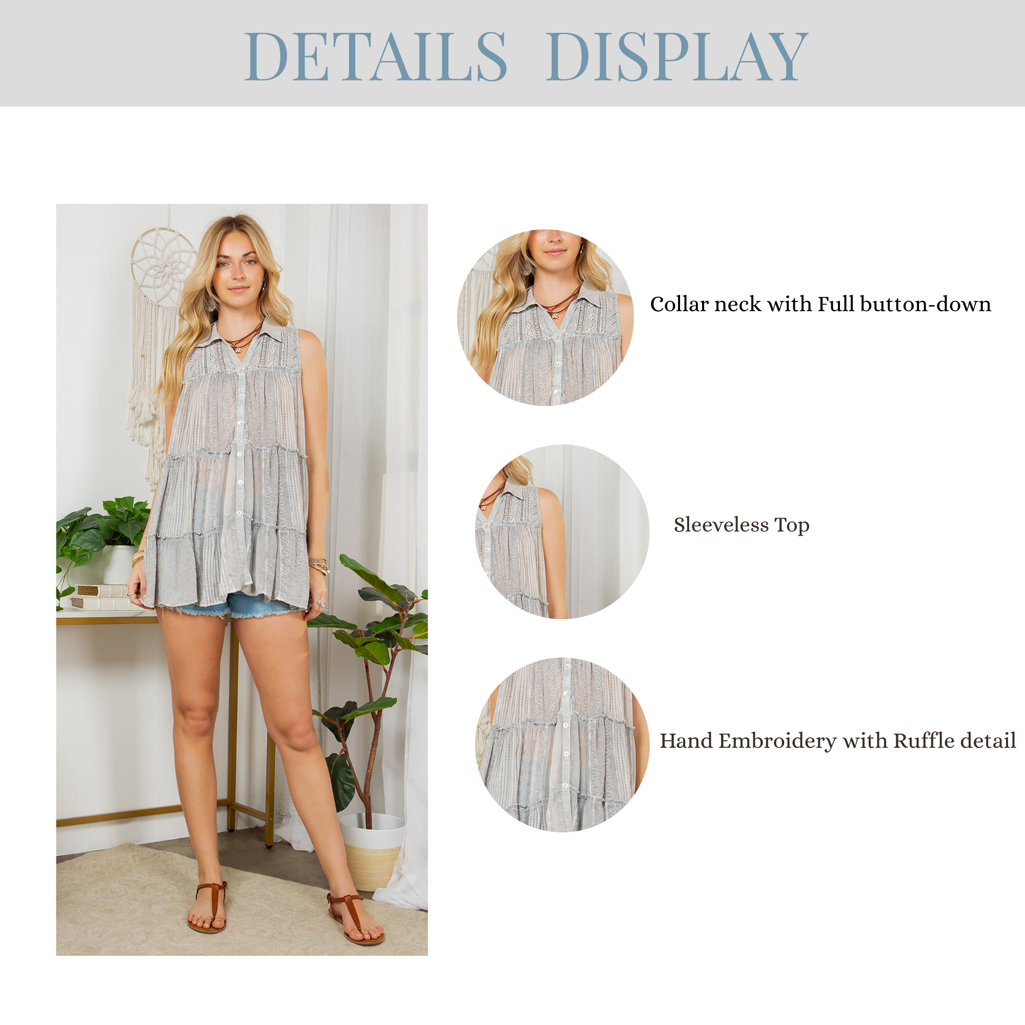 Young Threads - Wholesale Button Down Shirt - Women's - Sleevless Jhabla Top Emb Stonewashed11