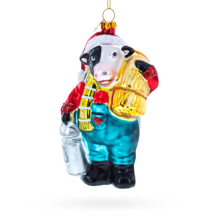 Ornement en verre de vache portant un pot à lait pour la vente par BestPysanky