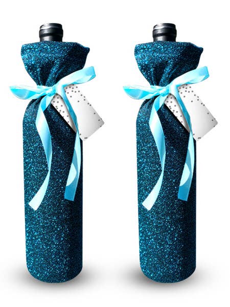 Deluxe Reusable & Stretchable Blue Sparkle Wine Bag for wholesale by Wrapeez