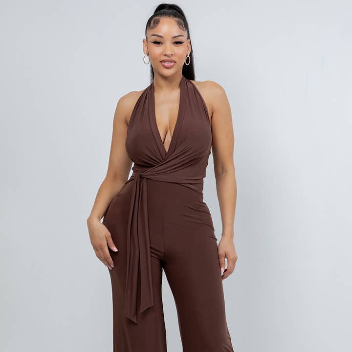 J8167 HALTER JUMPSUIT WITH WRAP TIE for wholesale by Uptown Apparel