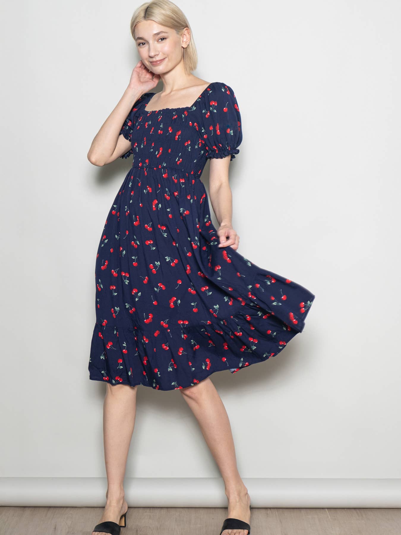 Elloh Collection - Wholesale Dress - Women's - Puff Sleeve Square Neck Cherry Print Dress with Pockets0
