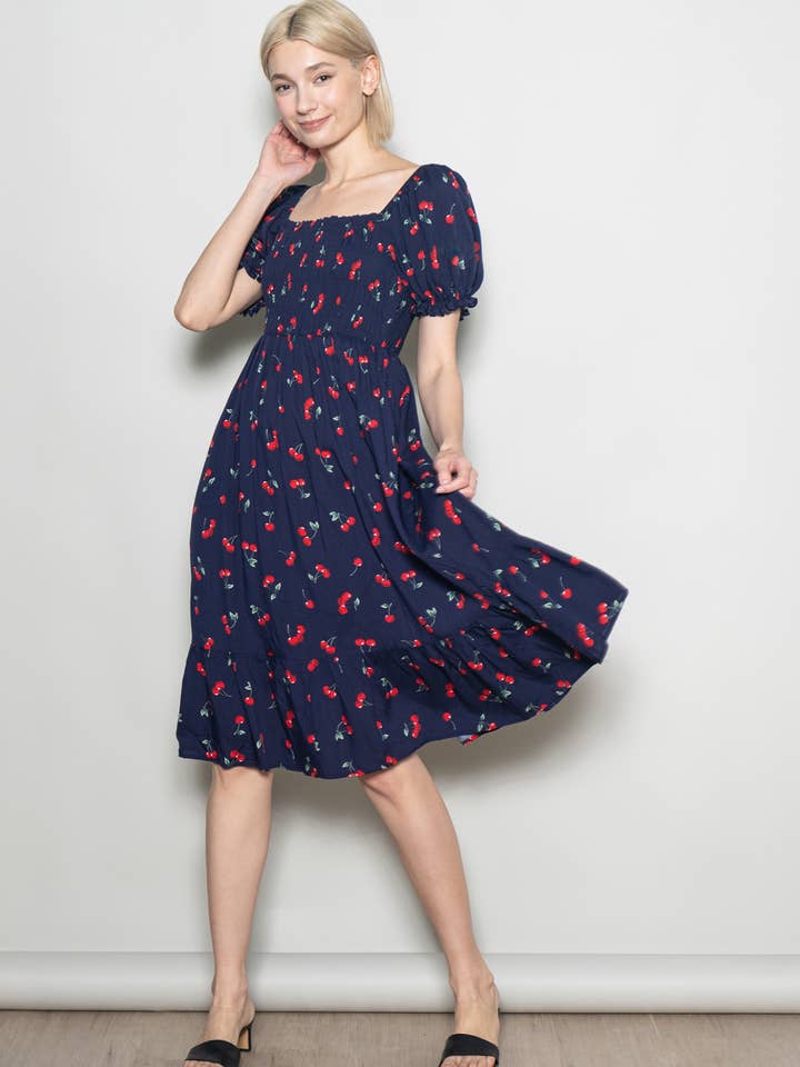 Elloh Collection - Wholesale Dress - Women's - Puff Sleeve Square Neck Cherry Print Dress with Pockets
