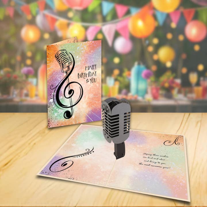 Microphone 3-D Birthday Card Pop-Up Silver Accent Design for wholesale by Designer Pop!