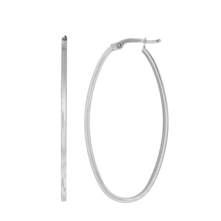 14kt Gold White Finish 1.7x20x40mm Shiny Square Tube Oval Hoop Earring with Hinged Clasp for wholesale by The Diamond Deal