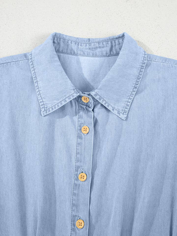 Myosotis Denim Pleated Slim Waist Short Sleeve Shirt Dress for wholesale on Faire10
