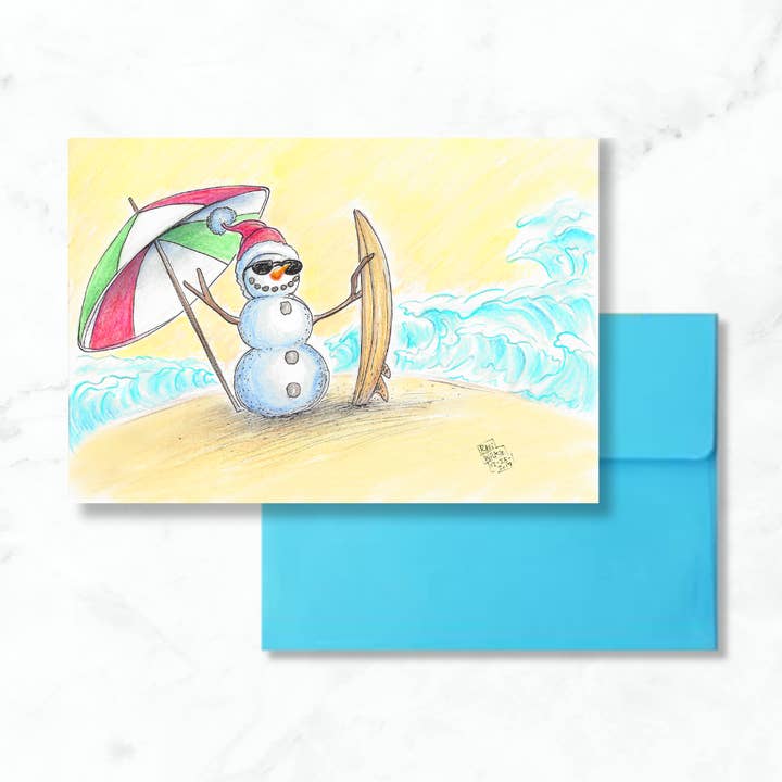 Frosty's Holiday Beach Vacation Greeting Card for wholesale by Wilkie Studios