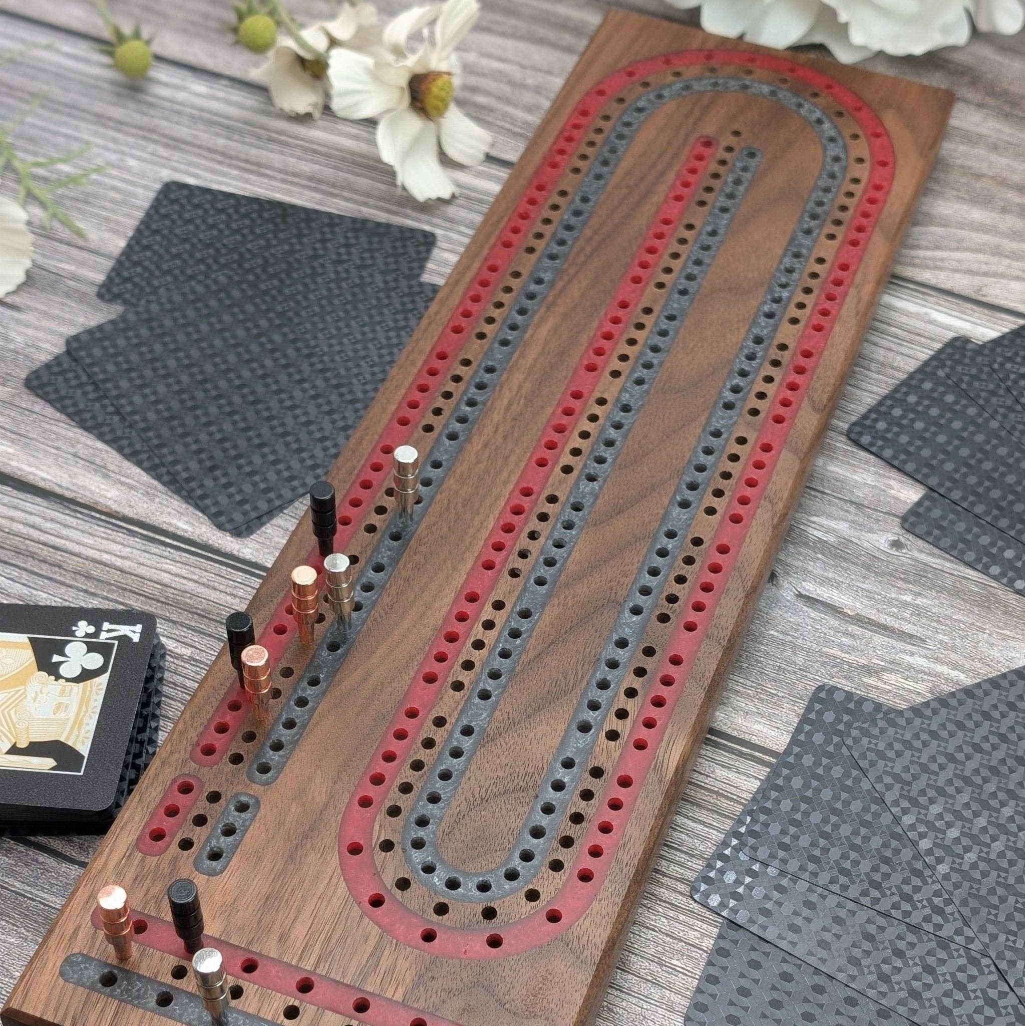 EBONWOOD – wholesale Board game – Premium Cribbage Board - Multi Lane Blood Red and Pewder Inlay4