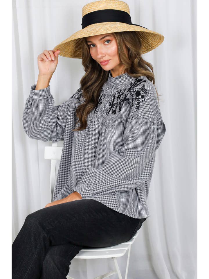 Vine & Love - Wholesale Buttoned-down shirt – Women's - Ruffle Neck Floral Embroidered Gingham Blouse VT8286124